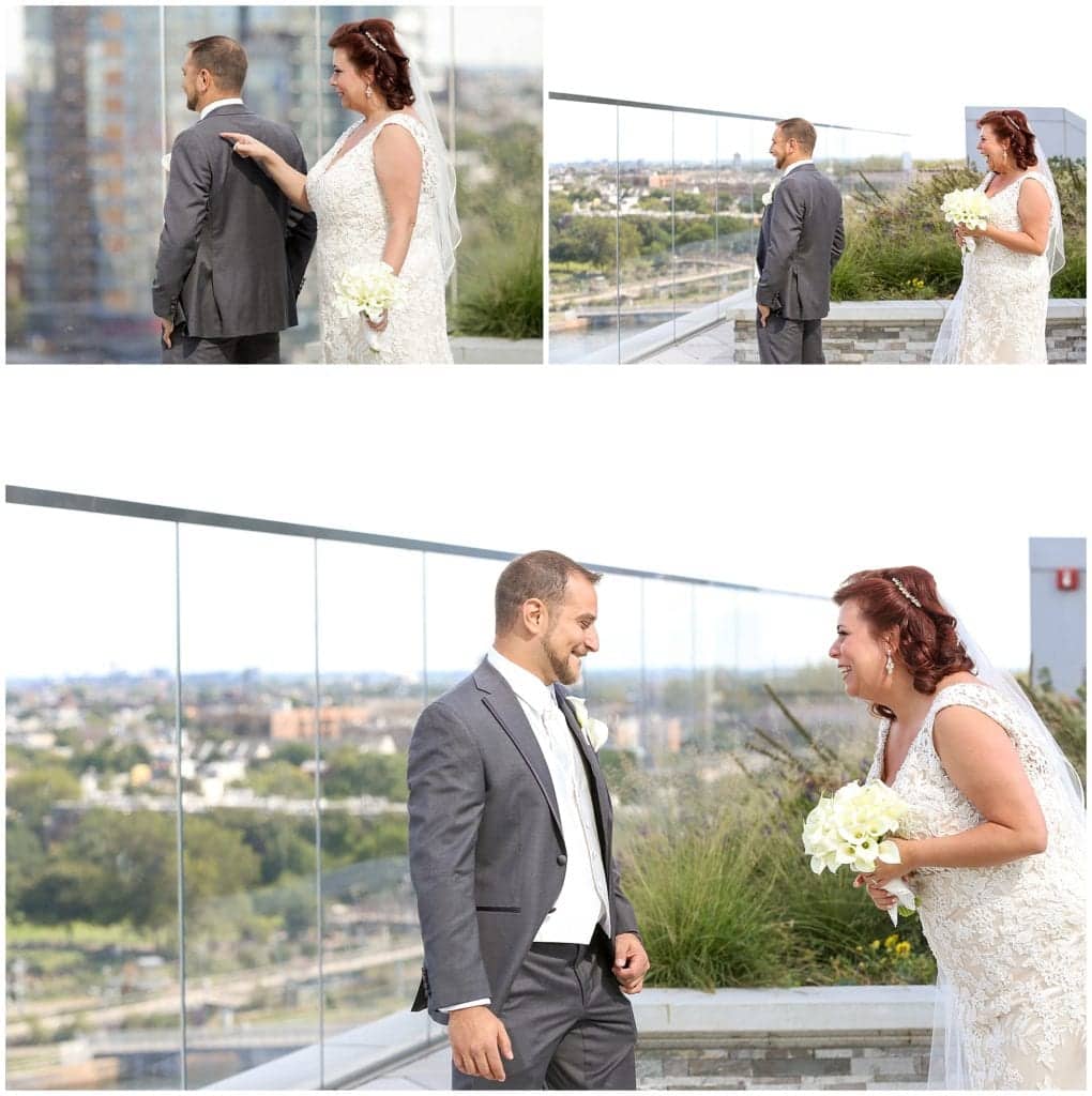 JG Domestic at the Cira Centre Wedding first look photos 
