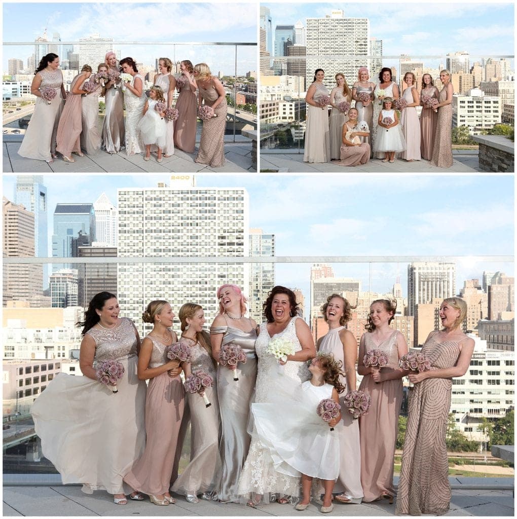JG Domestic at the Cira Centre Wedding party photos in roof top, love the bridesmaid unique dresses