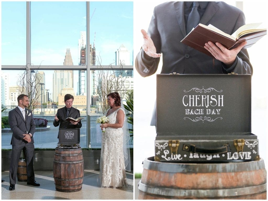 JG Domestic at the Cira Centre Wedding ceremony indoors with the view of the city 