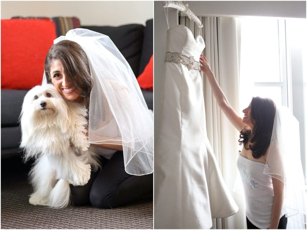 Photo of bride with her puppy on her wedding day at the Loews Hotel in Philly 