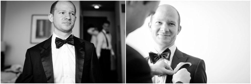 Black and whit photos of groom getting ready 