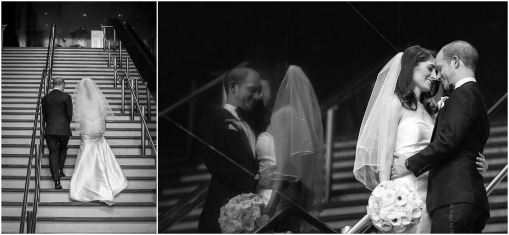 Black and white photos at the steps of Loews Hotel