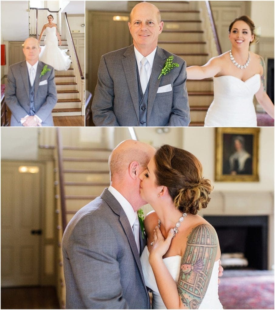Bride seeing her dad for first time at Historic Duportail House Wedding