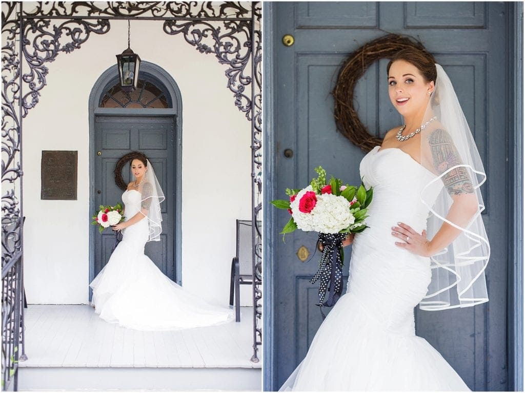 Funky Bride photo in front of Duportail House for her wedding day 