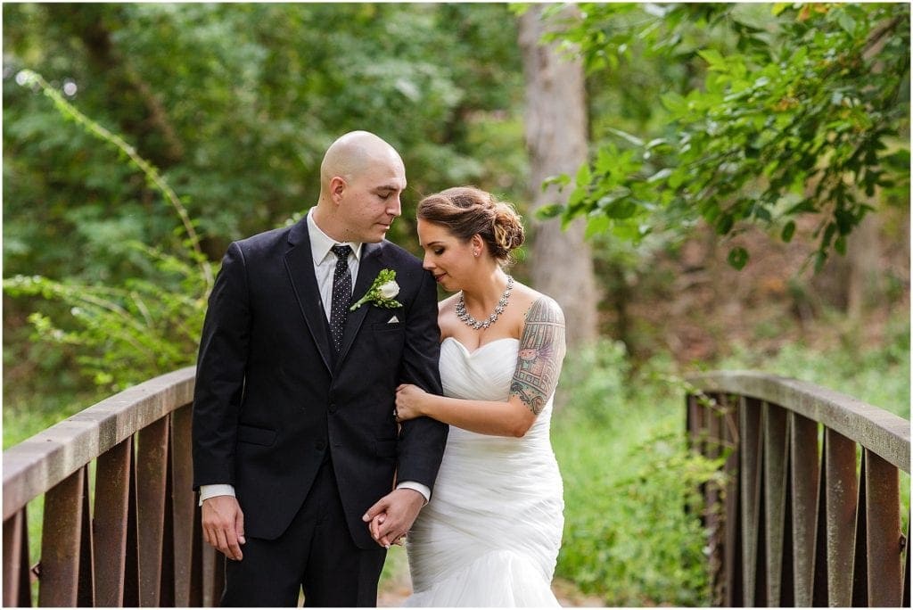 Duportail House bridal portrait couple on bridge- Tatoobride