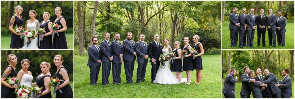 Funky bridal party at Duportail House in PA. Black bridesmaid dresses