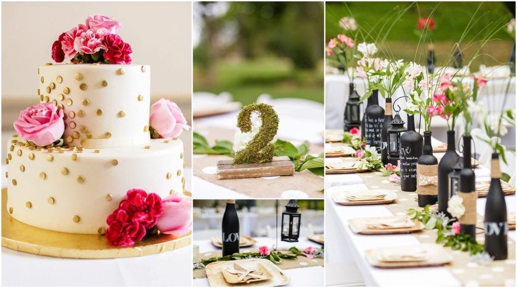 Funky rustic wedding colors and details. Love this black vases with pink flowers. White cake with pink flowers and gold dots