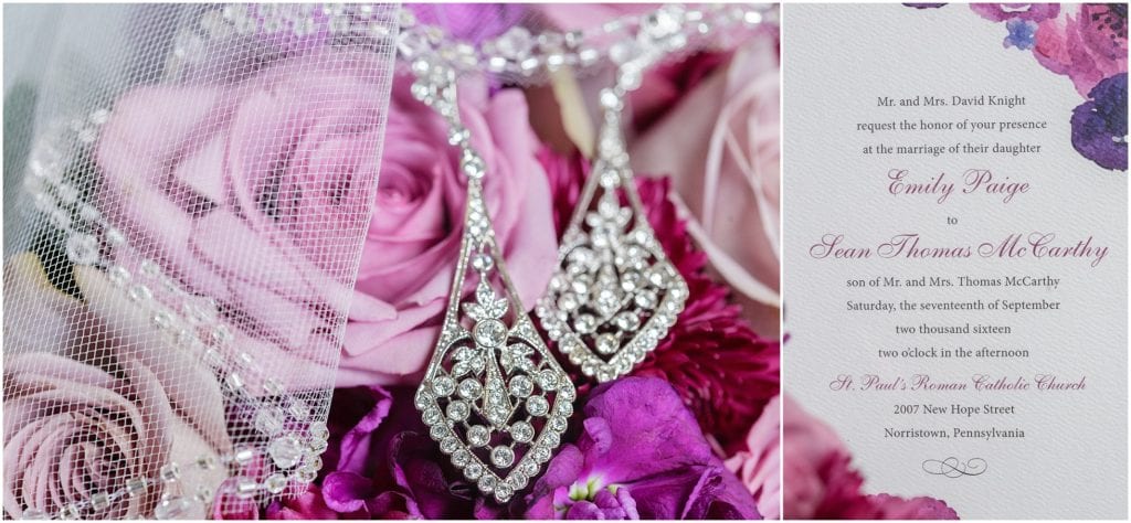 purple pink wedding invitation and bouquet 