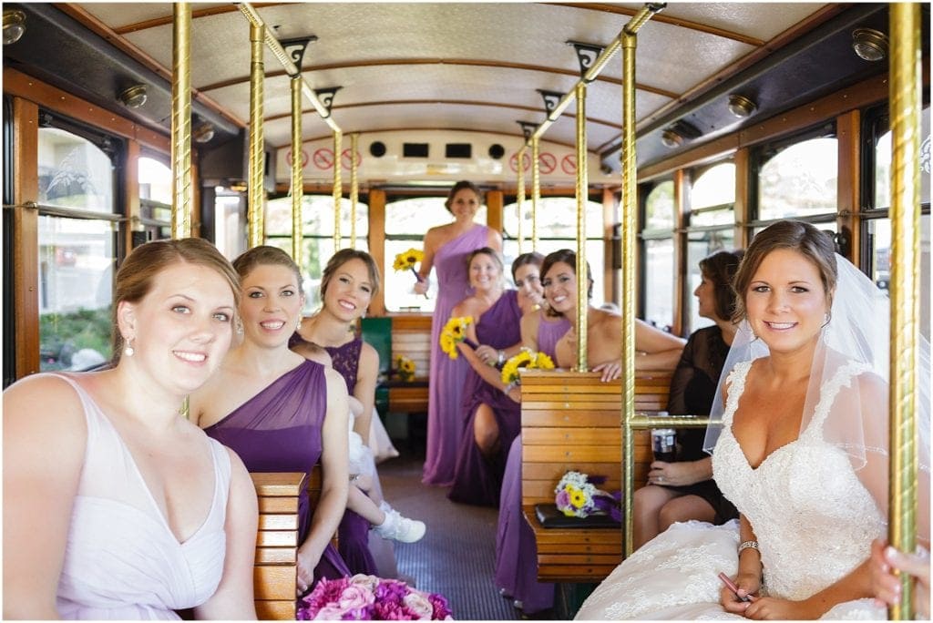 photo of bridal party in trolly for PA wedding 