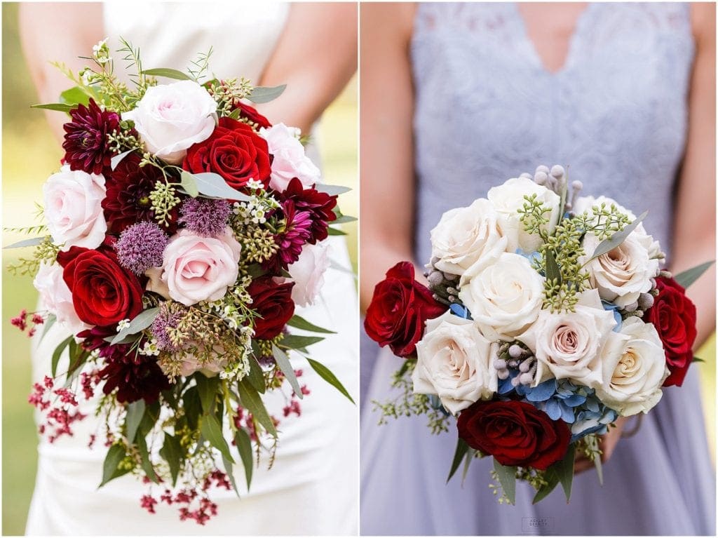 Rustic gorgeous wedding flowers with pink burgundy and blues