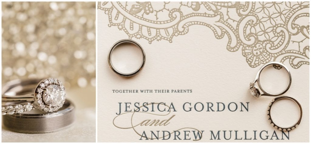 Neutral-toned wedding invitation with Lace detail and sparkling gold engagement ring with a halo setting