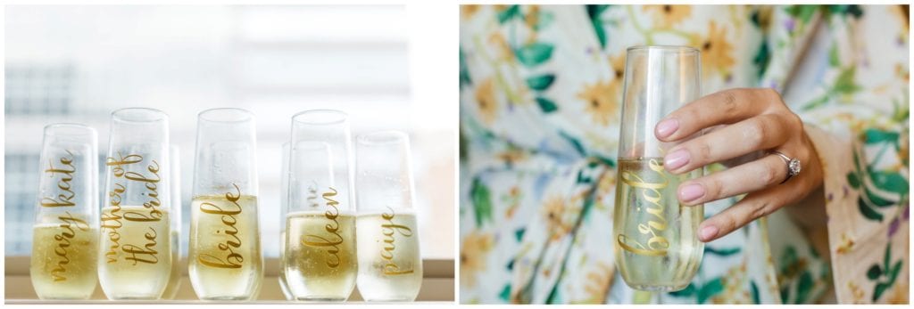  A wonderful personalized gift for your bridesmaid is a gold calligraphed stemless champagne flute, perfect for wedding morning champagne toasts.