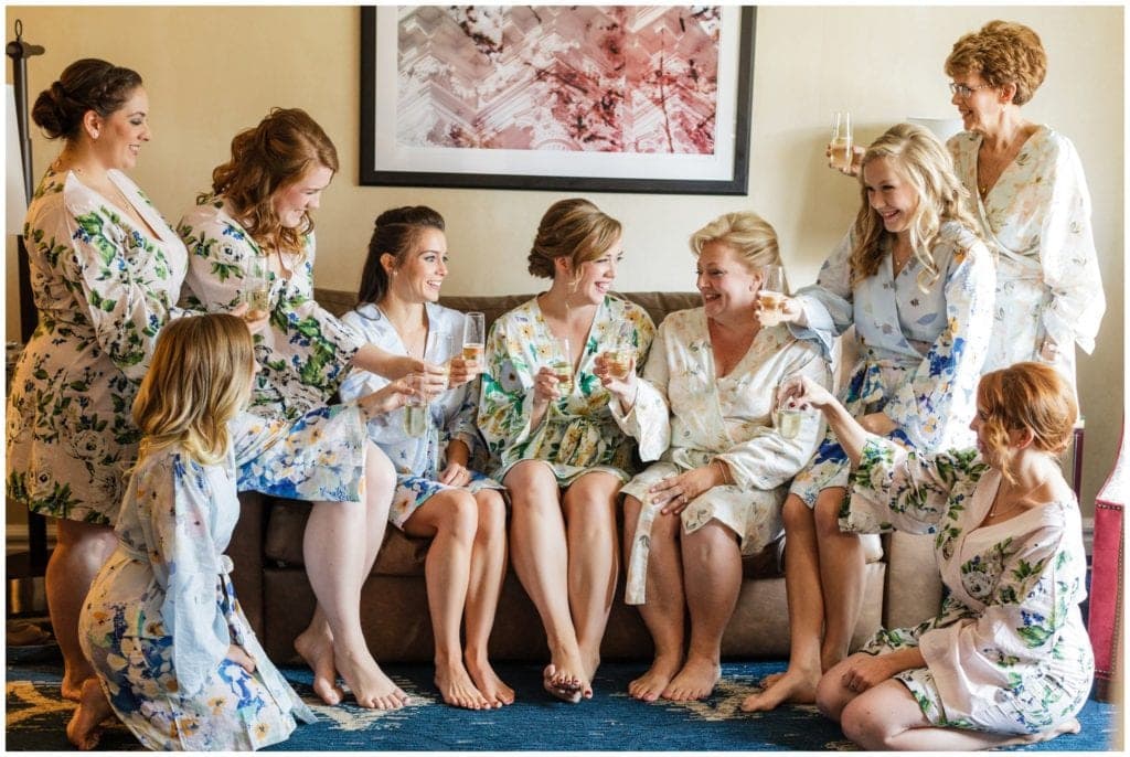 Jessica & her bridesmaids got ready at the Westin Philadelphia in matching floral robes.