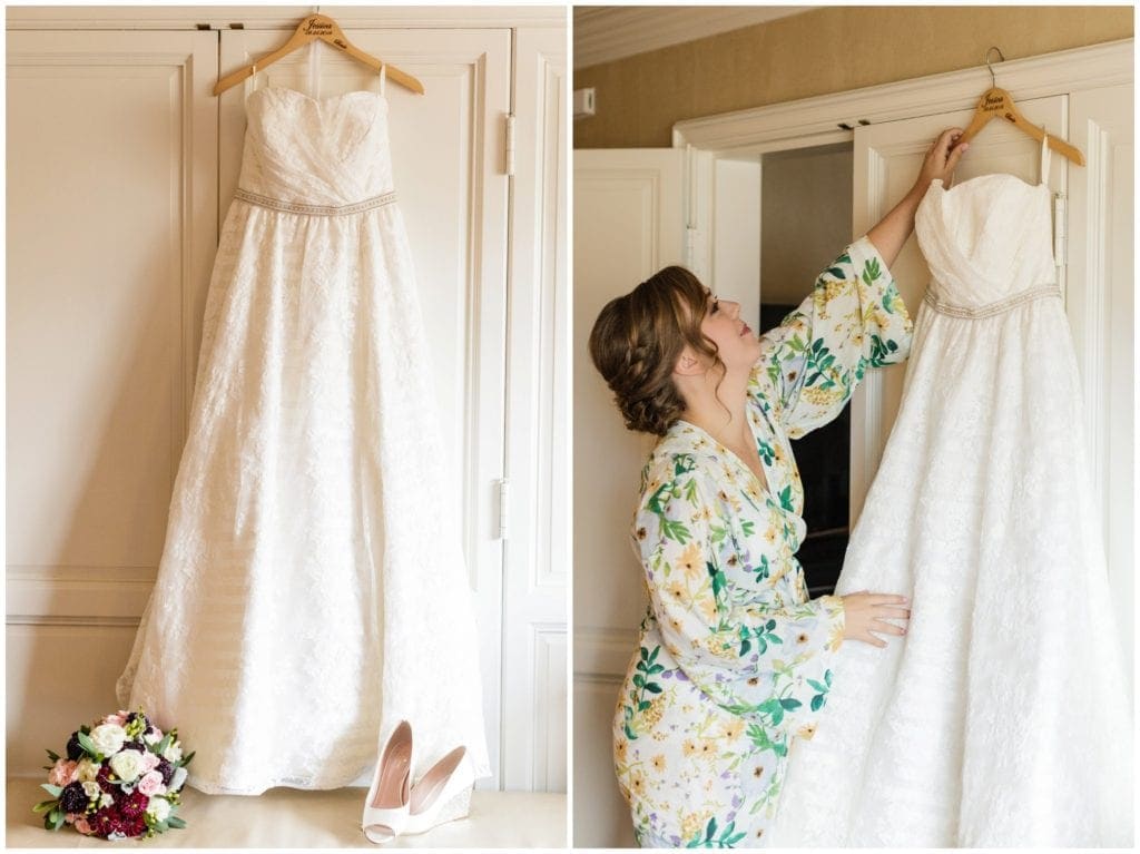 Jessica's gorgeous A-line, strapless wedding dress by Kate McDonald went perfectly with her sparkling, peep-toe Kate Spade wedges.