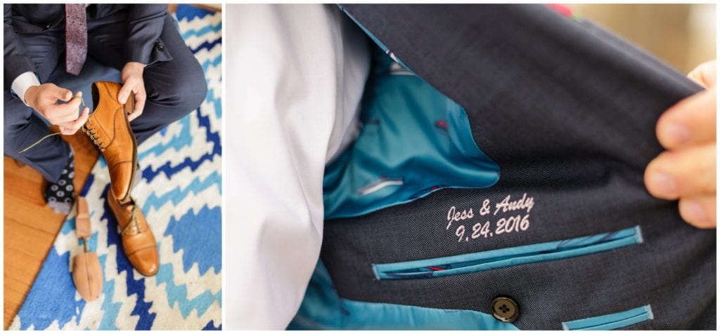 Andy's custom suite from Indochino featured teal lining and was embroidered with Jess & Andy's names and wedding date cool ideas for grooms outfits