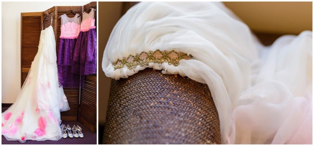 hand-embellished her wedding dress with flowers in shades of pink and purple, dip-dyed her hand-made veil,