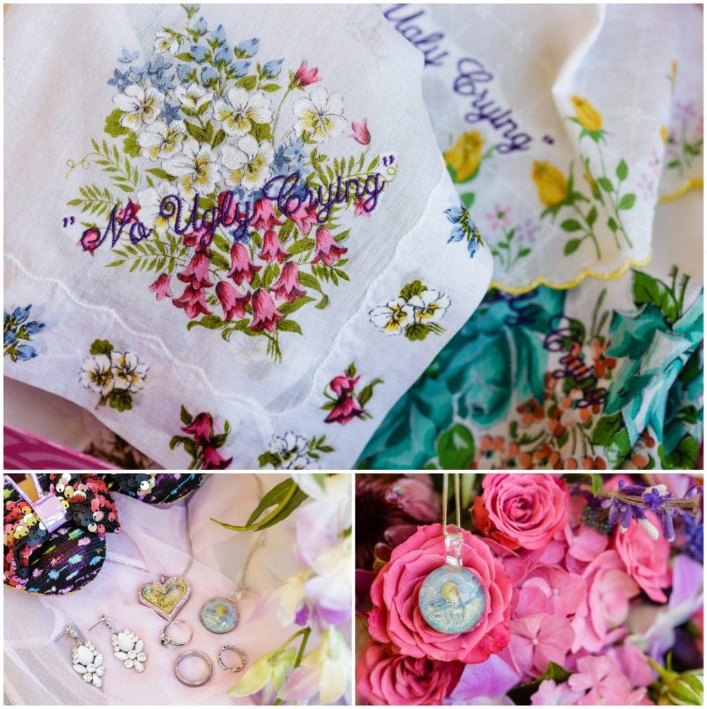 April had embroidered vintage handkerchiefs for the guests, including this floral handkerchief that she carried for her wedding day