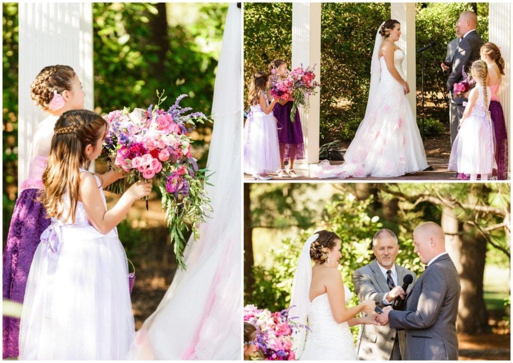 Felicita Resort Outdoor Wedding Ceremony pictures, shades of pink hues and purples for wedding flowers