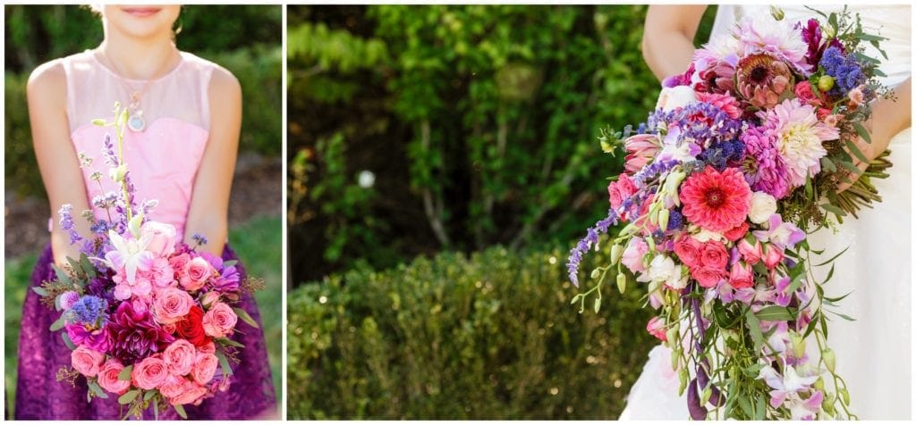 Close up of the bride's pink and purple cascading bouquet and bridesmaid's bouquet by Splints and Daisies.
