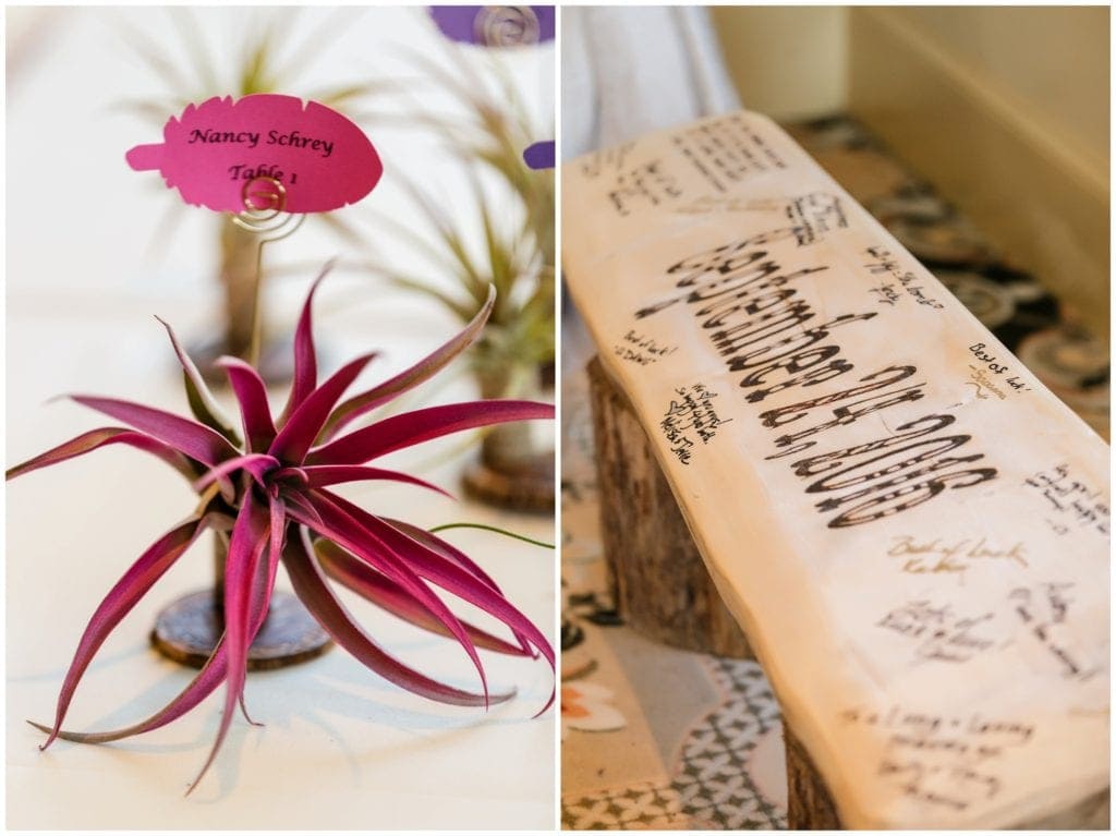 Guests were greeted with tiny succulents to escort them to their table. Jeff had wood-burned the date of their wedding into a bench for the guests to sign.