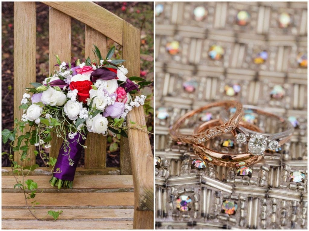 detail of vintage rhinestone bag and rose gold wedding rings. deep purple bouquet. 