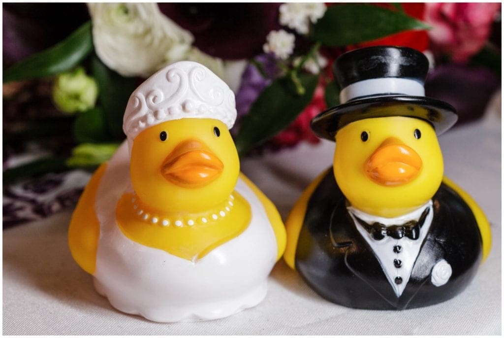 rubber duckies as cake toppers, fun casual wedding idea