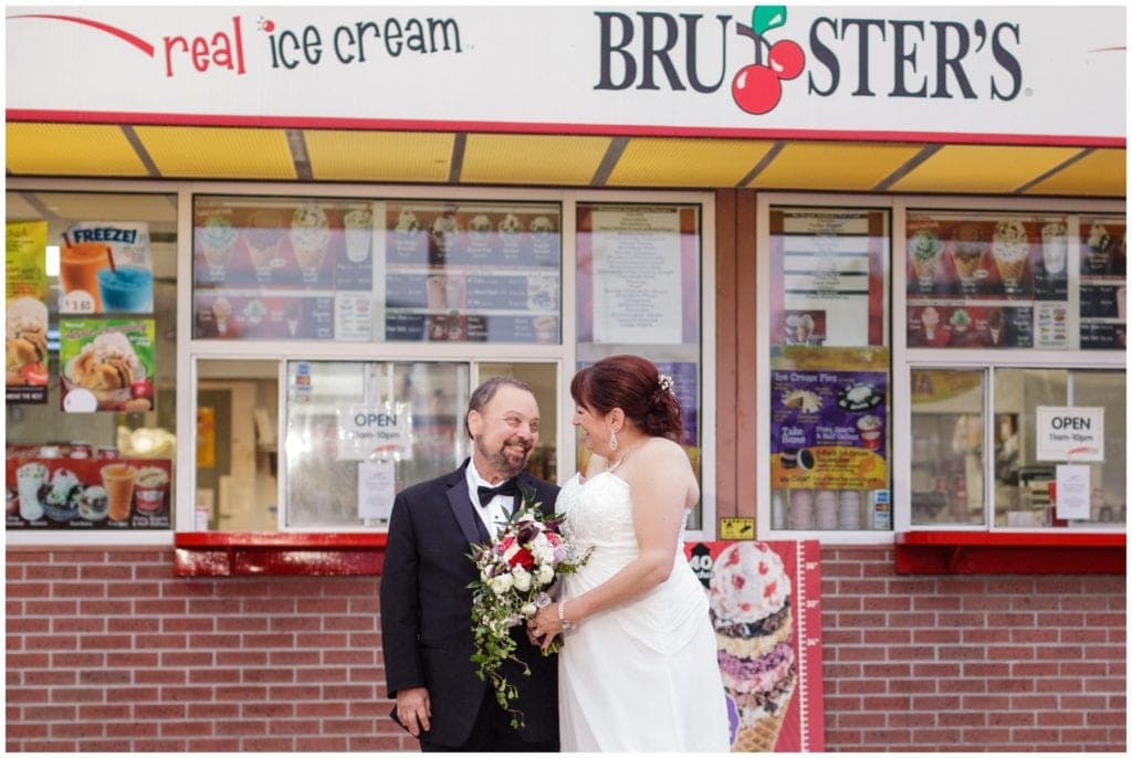 Bride and groom visit their first date spot which was Bruster's Ice Cream. How cute