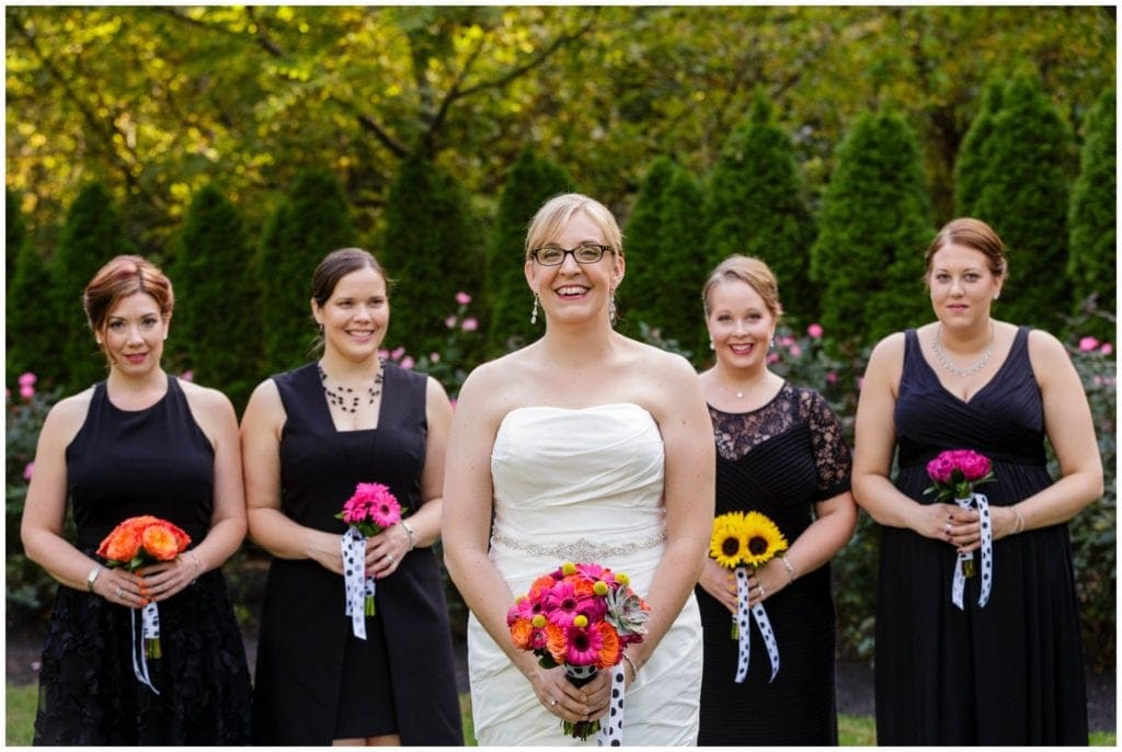 Polka dot ribbons for bridal bouquet. Black bridesmaid dresses