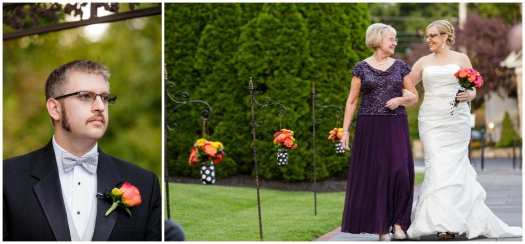 Bride walking down the aisle at William Penn Inn. Love grooms look at her. Love the fun bright flowers with the polka dot vases