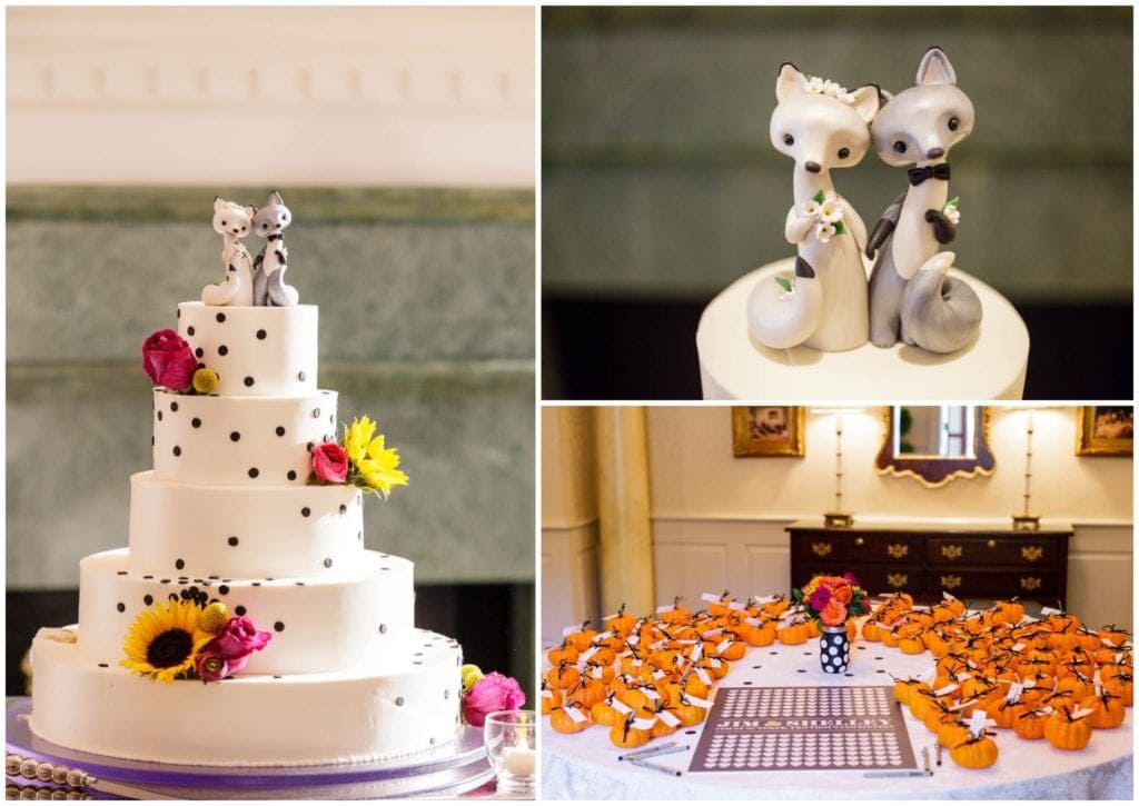 Unique polka dot wedding cake with a fun cake topper using Cats! Perfect for the cat lover and love the fall details. 