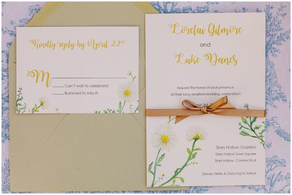 Invitation Suite for a  Gilmore Girls wedding featuring daisies, Lorelai Gilmore