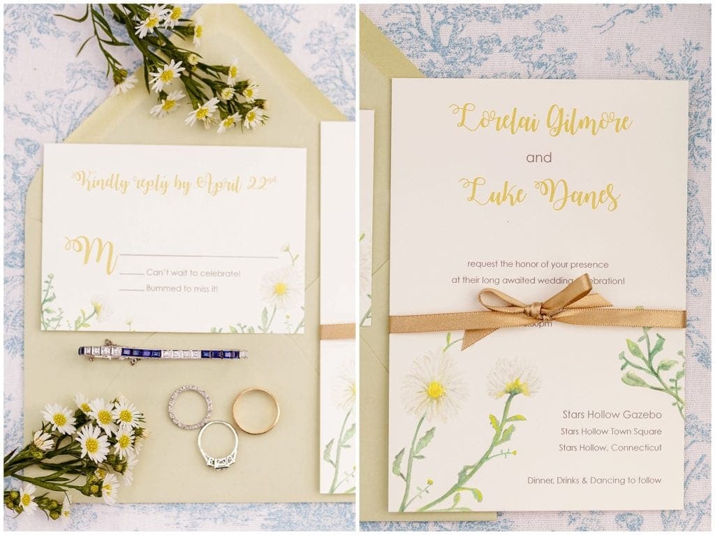 Invitation Suite for Gilmore Girls filled with daisies Lorelei Gilmore and wedding rings