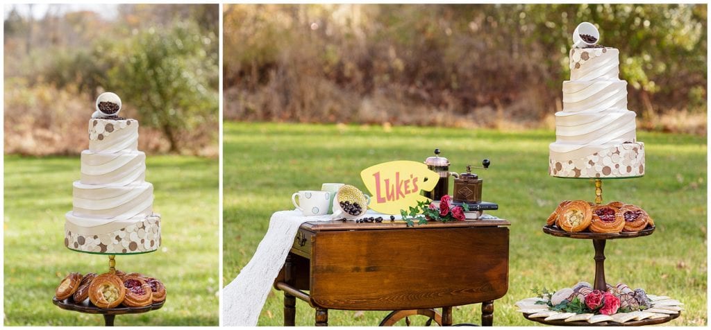 Coffee inspired cake and dessert table for luke's diner, gilmore girls wedding photo shoot inspiration 