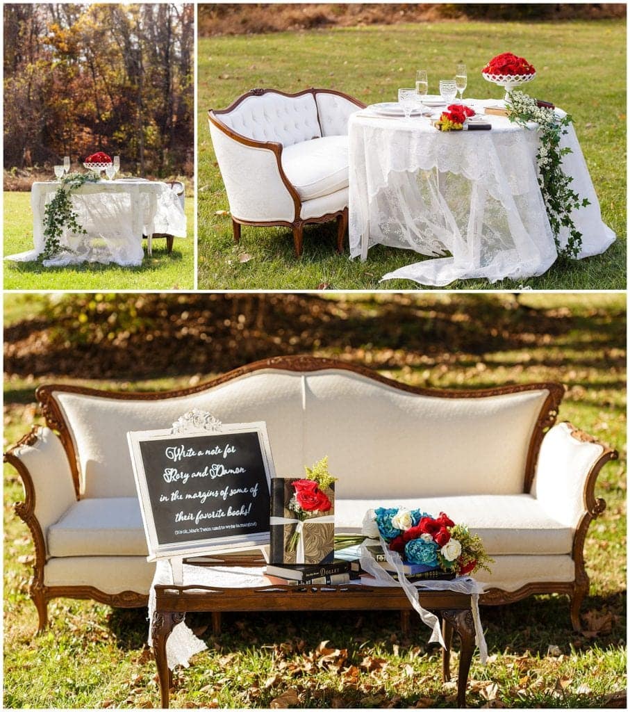 sweetheart table and wedding inspiration for gilmore girl photo shoot.  guestbook, mark twain. Lace table covers and vintage furniture 