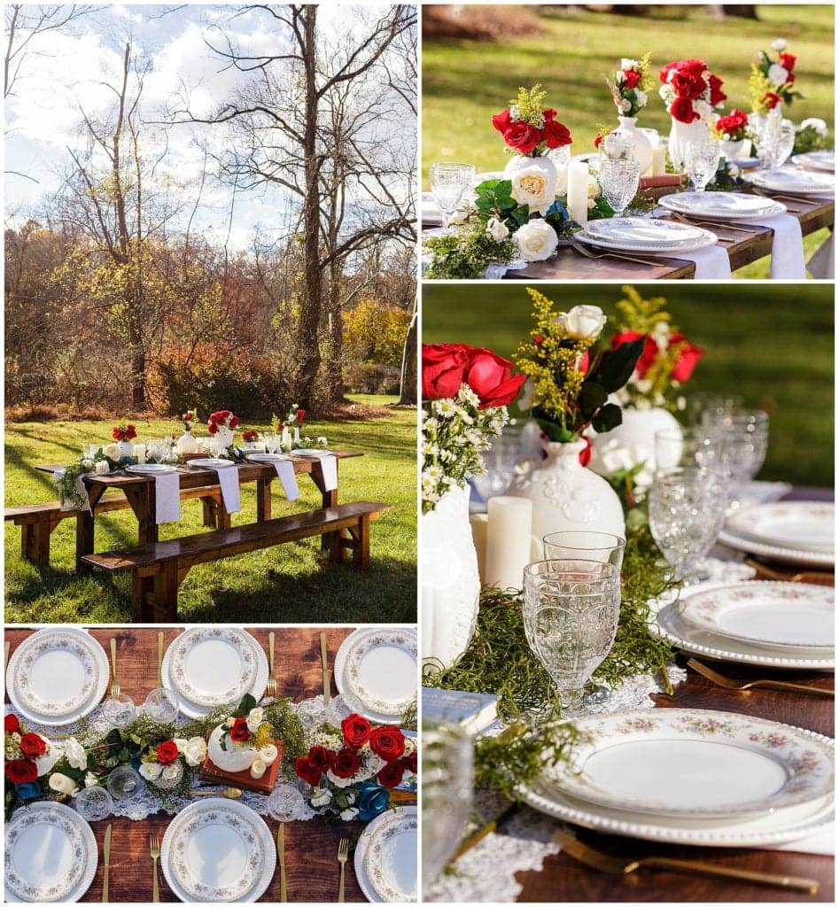 Outdoor wedding reception ideas for vintage wedding inspired by Gilmore Girls. Love the vintage table details with china 