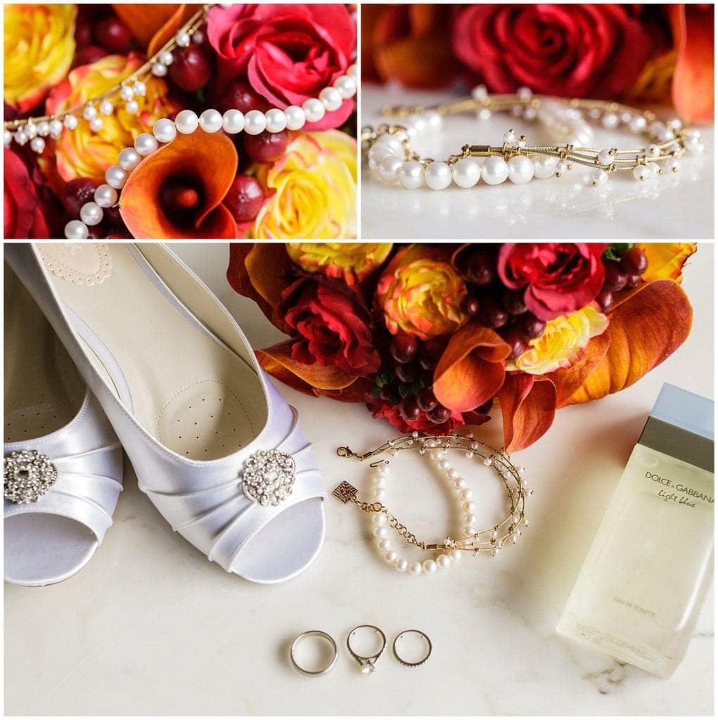Pearls, anklet, bouquet, wedding shoes, perfume