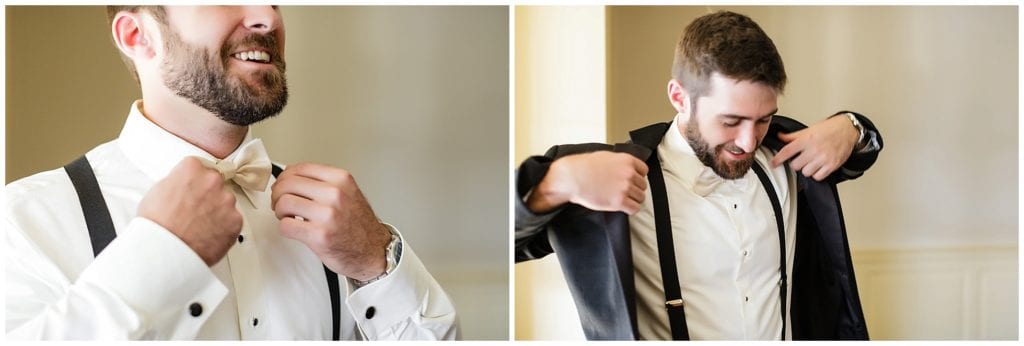 groom outfit ideas, dark suite with champagne bow tie 