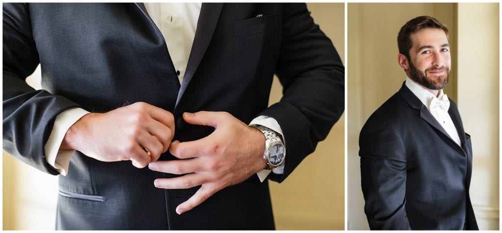 handsome groom for his getting ready photos , love the champagne bow tie 