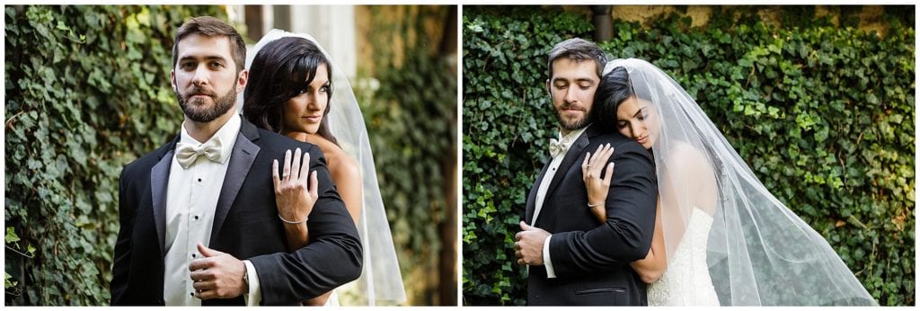 stunning bridal portraits in front of ivy wall at Huntingdon Valley Country Club 