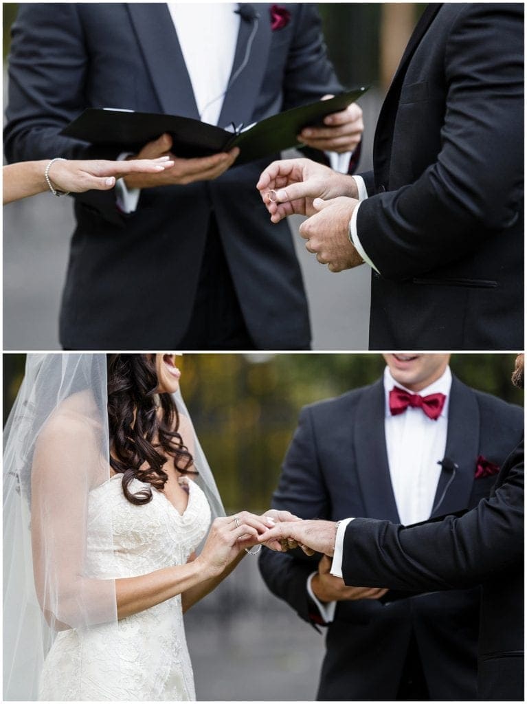 classic wedding ceremony outdoors. love the grooms red pink bow tie