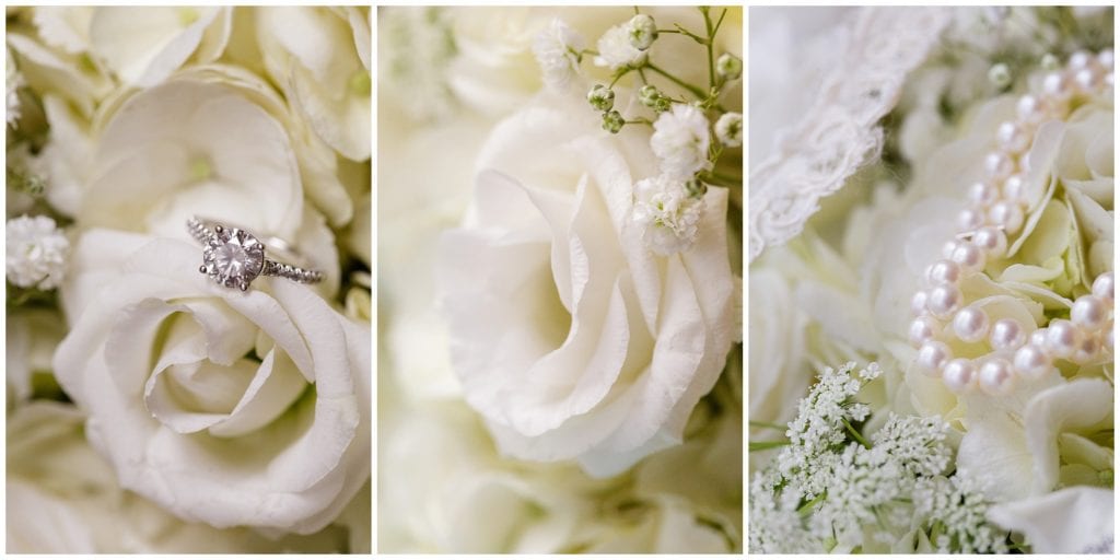 All white classic bouquet and pearls, timeless for wedding memories to come.
