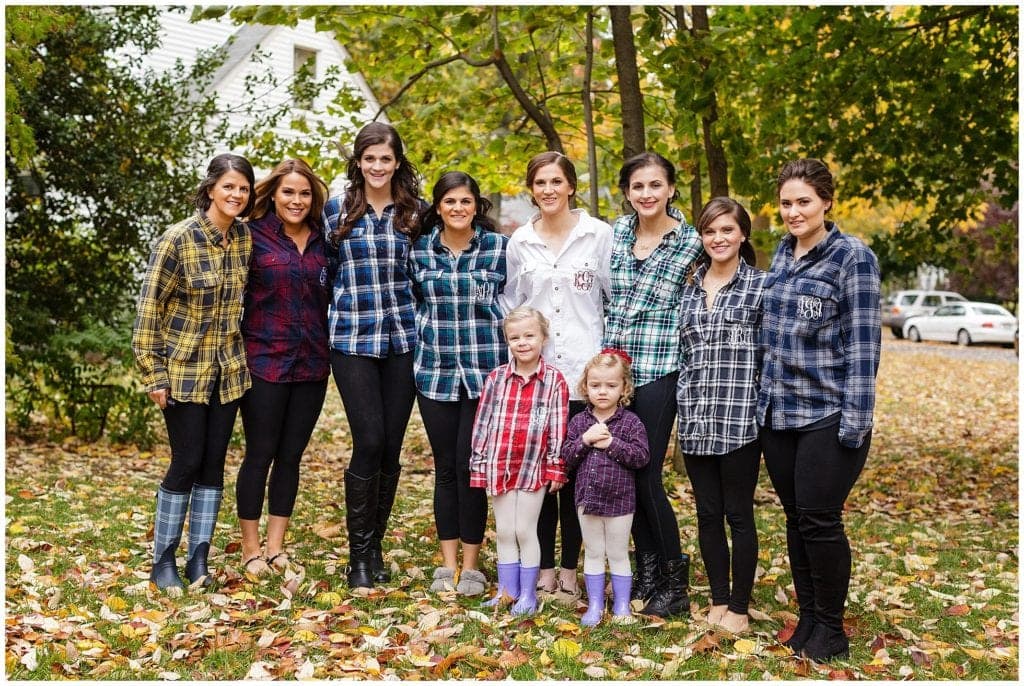 Fun idea for what to wear for bridesmaids and bride during getting photos, plaid monogrammed shirts and boots. Perfect for fall weddings 