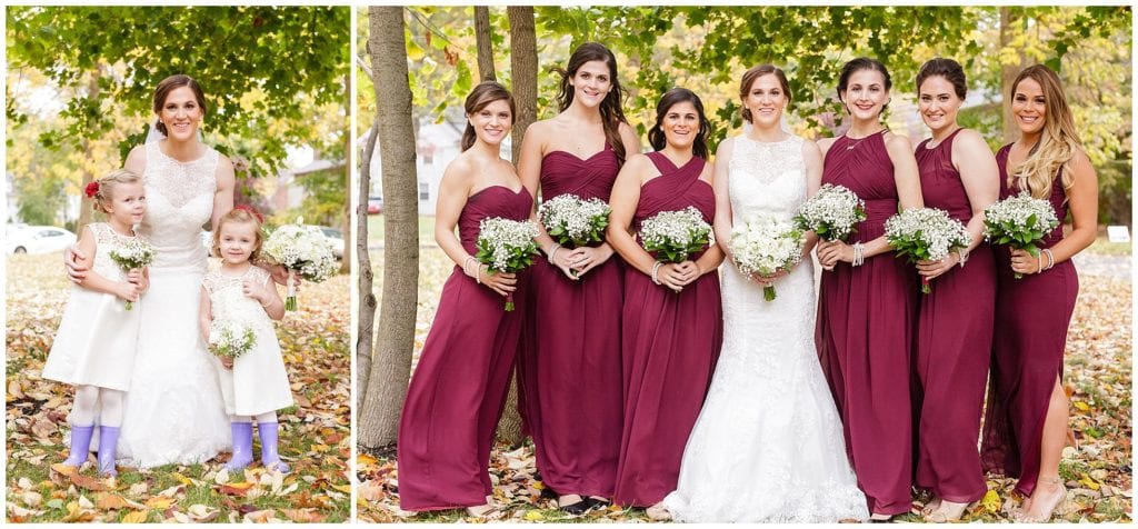 beautiful wine color long bridesmaid dress ideas and inspiration. love the rain boots for the flower girls 