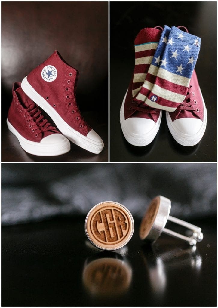 We loved Chris's choice of burgundy Chuck Taylors as his wedding footwear. plus custom wooden cufflinks 