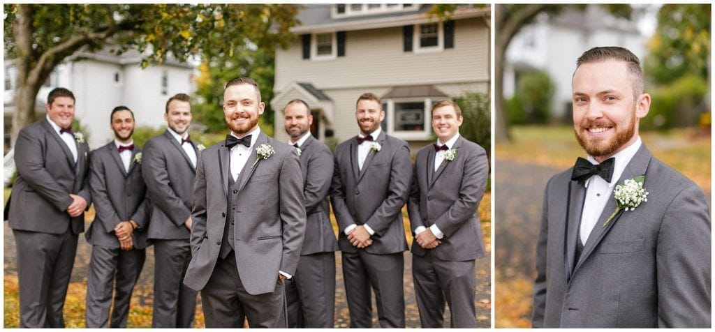 dark gray suits for bridal party with bow ties, so great for rustic and fall weddings 