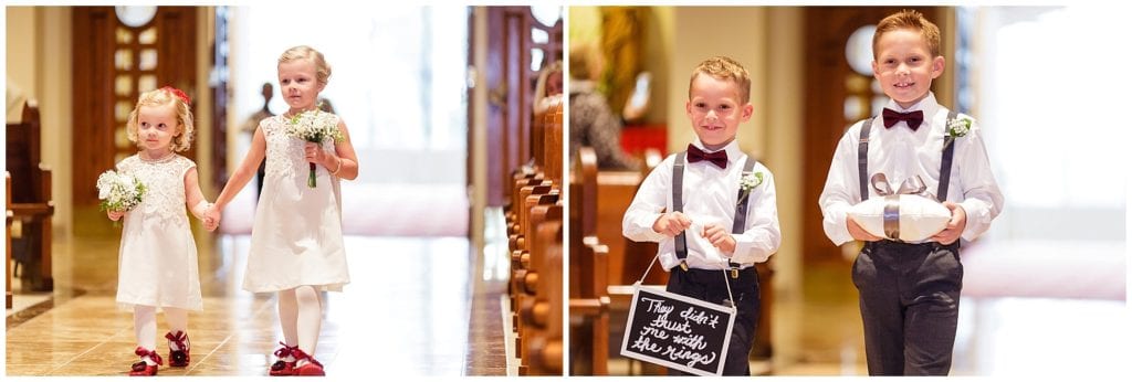 burgundy shoes for these sweet flower girls, photos of them entering the church and also ring bearers with burgundy ties 