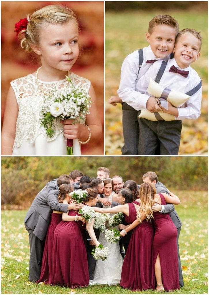 Fun bridal party photos, burgundy long dresses and gray suite color inspirations 