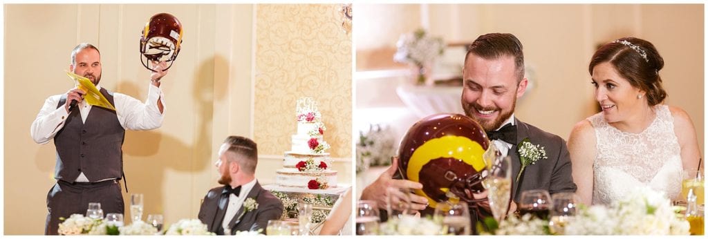 Best man presents an unique gift during his toast speech, this helmet 