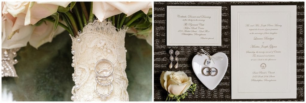 White lace wedding details for wedding bouquet for this elegant Philly Wedding 