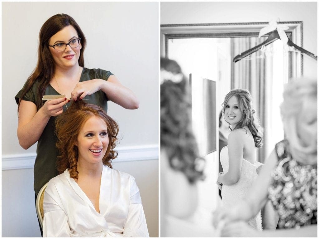 Getting ready photos at the Ritz Carlton in Philadelphia. Love this candid capture of bride putting on her dress